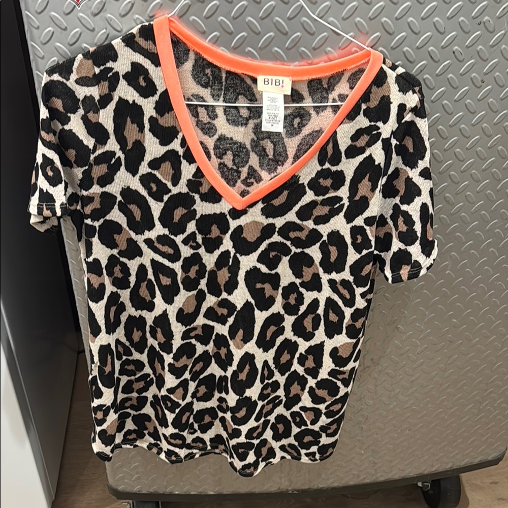 Leopard Print V-Neck Top with Orange Trim
